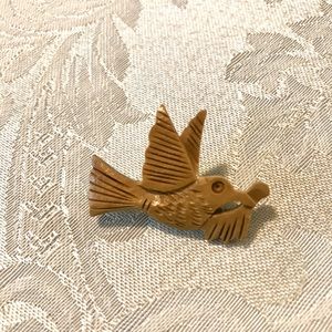 Vintage Peace Dove Olive Branch Wood Brooch